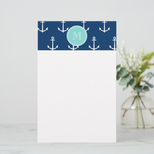 Navy Blue White Anchors Pattern, Mint Green Monogr Briefpapier (Staand voorkant)