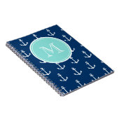 Navy Blue White Anchors Pattern, Mint Green Monogr Notitieboek (Rechterzijde)