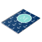 Navy Blue White Anchors Pattern, Mint Green Monogr Notitieboek (Linkerzijde)