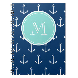 Navy Blue White Anchors Pattern, Mint Green Monogr Notitieboek