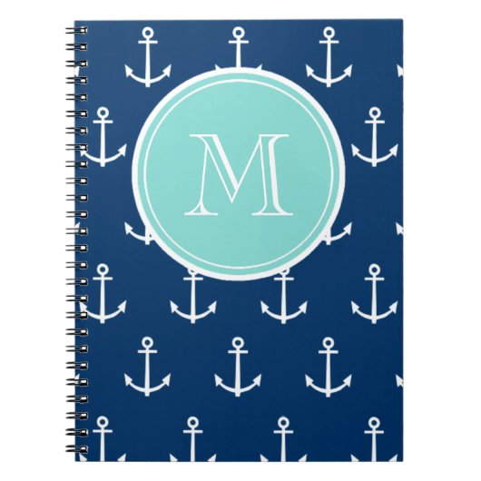 Navy Blue White Anchors Pattern, Mint Green Monogr Notitieboek (Voorkant)