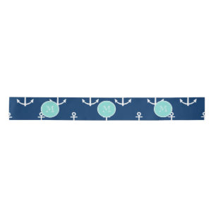 Navy Blue White Anchors Pattern, Mint Green Monogr Satijnen Lint