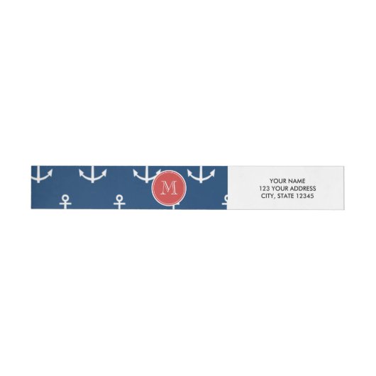 Navy Blue White Anchors Pattern, Red Monogram Adreslabel Wikkel (Individueel)