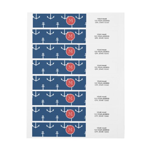Navy Blue White Anchors Pattern, Red Monogram Adreslabel Wikkel (Vel)