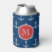 Navy Blue White Anchors Pattern, Red Monogram Blikjeskoeler (Blikje Voorkant)