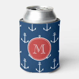 Navy Blue White Anchors Pattern, Red Monogram Blikjeskoeler