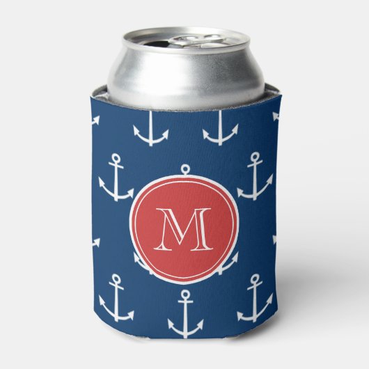 Navy Blue White Anchors Pattern, Red Monogram Blikjeskoeler (Blikje Voorkant)