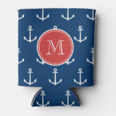 Navy Blue White Anchors Pattern, Red Monogram Blikjeskoeler (Voorkant)