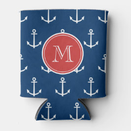 Navy Blue White Anchors Pattern, Red Monogram Blikjeskoeler