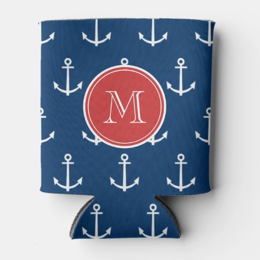 Navy Blue White Anchors Pattern, Red Monogram Blikjeskoeler (Voorkant)
