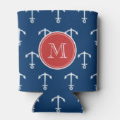 Navy Blue White Anchors Pattern, Red Monogram Blikjeskoeler (Achterkant)