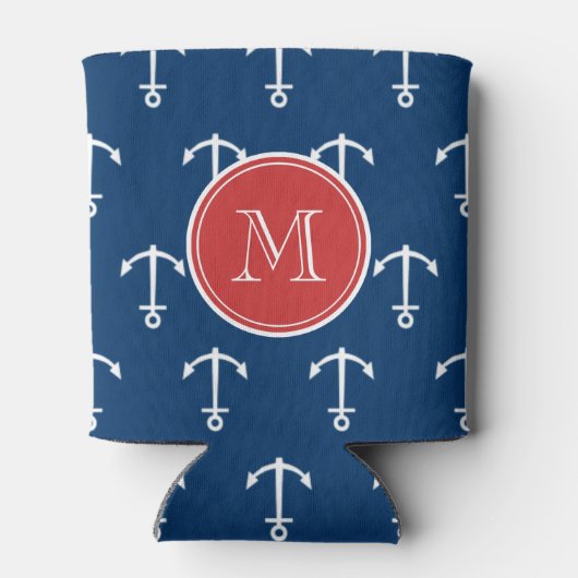 Navy Blue White Anchors Pattern, Red Monogram Blikjeskoeler (Achterkant)