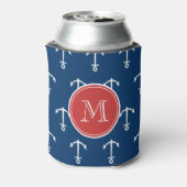 Navy Blue White Anchors Pattern, Red Monogram Blikjeskoeler (Blikje Achterkant)