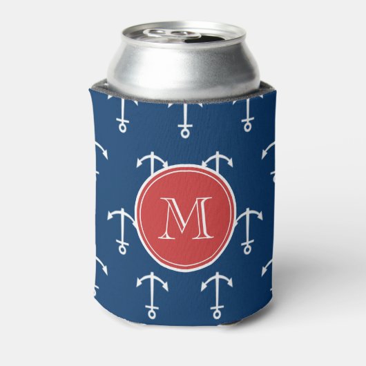 Navy Blue White Anchors Pattern, Red Monogram Blikjeskoeler (Blikje Achterkant)