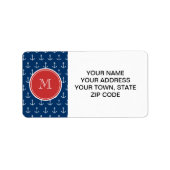 Navy Blue White Anchors Pattern, Red Monogram Etiket (Voorkant)