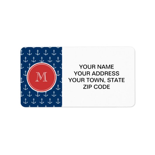 Navy Blue White Anchors Pattern, Red Monogram Etiket (Voorkant)