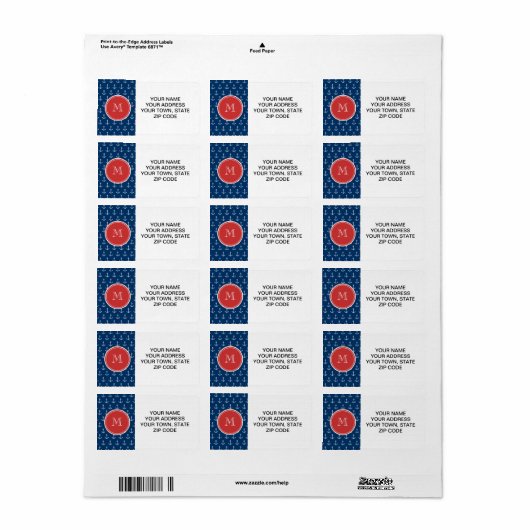 Navy Blue White Anchors Pattern, Red Monogram Etiket (Full Sheet)