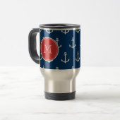 Navy Blue White Anchors Pattern, Red Monogram Reisbeker (Voorkant links)