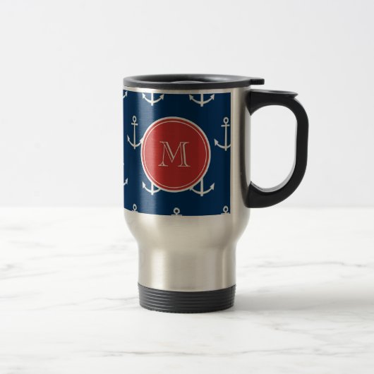 Navy Blue White Anchors Pattern, Red Monogram Reisbeker (Rechts)