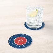 Navy Blue White Anchors Pattern, Red Monogram Ronde Kartonnen Onderzetter (Insitu)