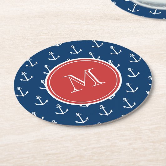 Navy Blue White Anchors Pattern, Red Monogram Ronde Kartonnen Onderzetter (Gebogen)