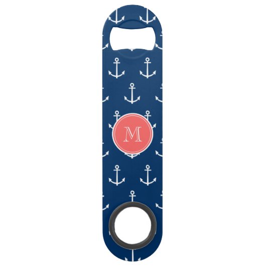 Navy Blue White Anchors Pattern, Red Monogram Speed Flessenopener (Achterkant)