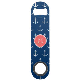 Navy Blue White Anchors Pattern, Red Monogram Speed Flessenopener