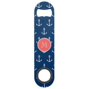 Navy Blue White Anchors Pattern, Red Monogram Speed Flessenopener