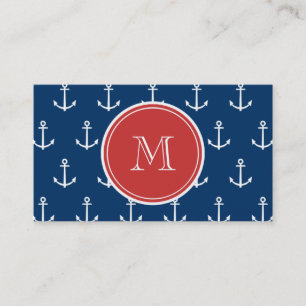 Navy Blue White Anchors Pattern, Red Monogram Visitekaartje