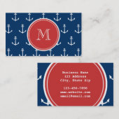 Navy Blue White Anchors Pattern, Red Monogram Visitekaartje (Voorkant / Achterkant)