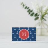 Navy Blue White Anchors Pattern, Red Monogram Visitekaartje (Staand voorkant)