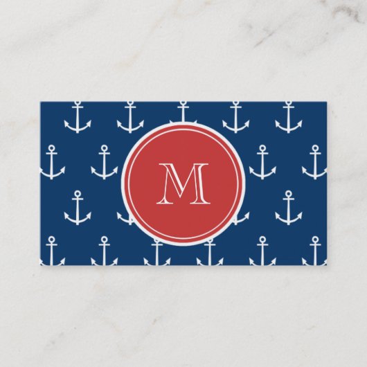 Navy Blue White Anchors Pattern, Red Monogram Visitekaartje (Voorkant)