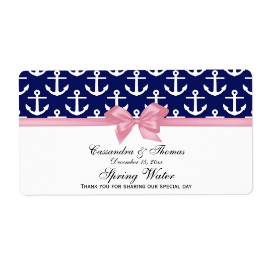 Navy Blue White Anchors Pink Bow Party Water Label (Voorkant)