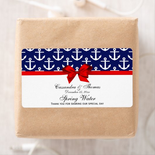 Navy Blue, White Anchors Red Bow Party Water Label (Insitu)