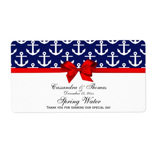 Navy Blue, White Anchors Red Bow Party Water Label (Voorkant)