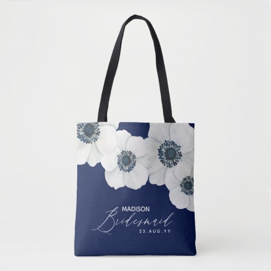 Navy Blue & White Anemones Modern Bridal Party Tote Bag (Voorkant)
