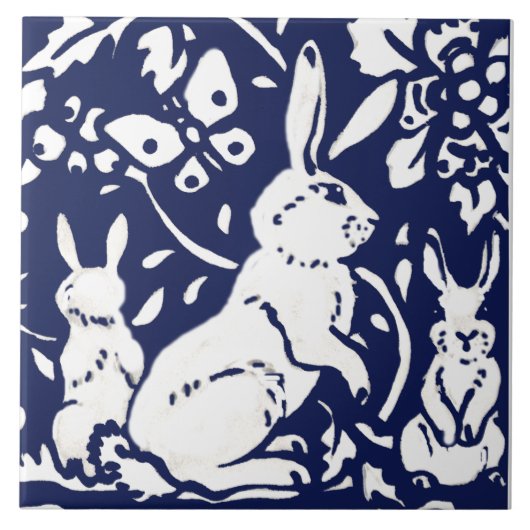 Navy Blue White Baby Rabbit Woodland Animal Trivet Tegeltje (Voorkant)