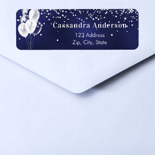 Navy blue white ballonnen retour address label