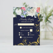 Navy Blue White Blue Pink Gold Swirls Floral RSVP (Staand voorkant)