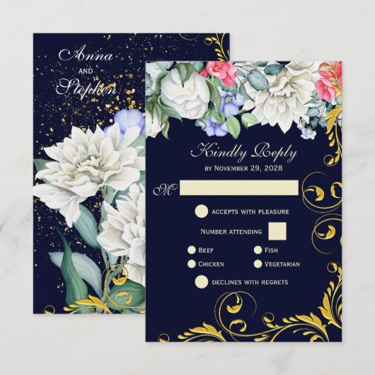 Navy Blue White Blue Pink Gold Swirls Floral RSVP (Voorkant / Achterkant)