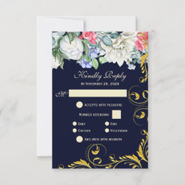 Navy Blue White Blue Pink Gold Swirls Floral RSVP Kaartje