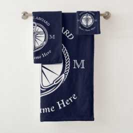 Navy Blue White Boat Name Anchor Welcome Aboard Bad Handdoek