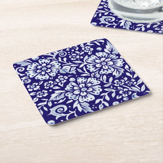 Navy Blue White Bold Floral Chinoiserie Design Kartonnen Onderzetters (Schuin)