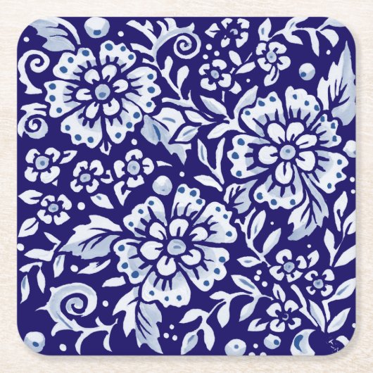 Navy Blue White Bold Floral Chinoiserie Design Kartonnen Onderzetters (Voorkant)