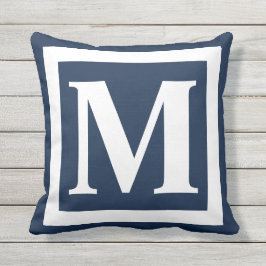 Navy Blue White Bold Monogram Initiaal Buitenkussen