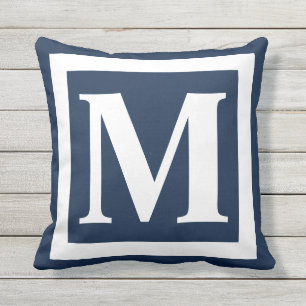 Navy Blue White Bold Monogram Initiaal Buitenkussen