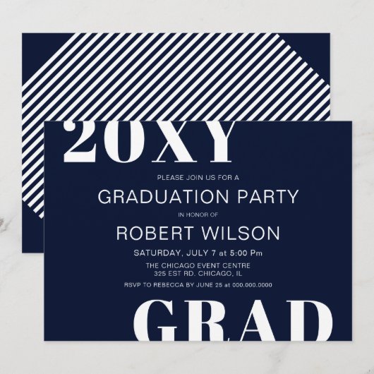 Navy Blue White Bold Typography Graduparty Kaart (Voorkant / Achterkant)