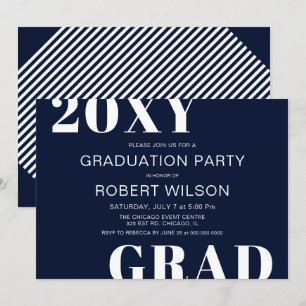 Navy Blue White Bold Typography Graduparty Kaart