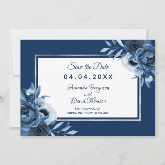 Navy blue white bruiloft floral Save the Date Aankondiging (Voorkant)