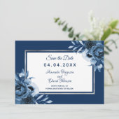 Navy blue white bruiloft floral Save the Date Aankondiging (Staand voorkant)